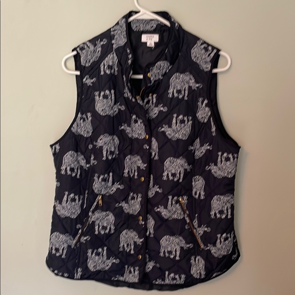 Navy Vest with White Elephant Print. Two zippers in each front side